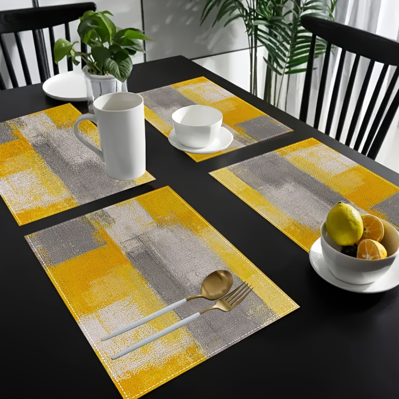 Yellow Desk Setup - VIKAMA Yellow Gray Abstract Oil Painting
