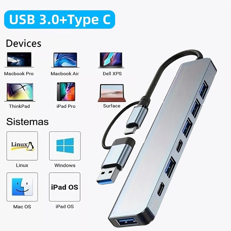 2 In 1 USB3.0 Hub 7 Port Type  - Desk Setup Usb Hub ulasan dan harga